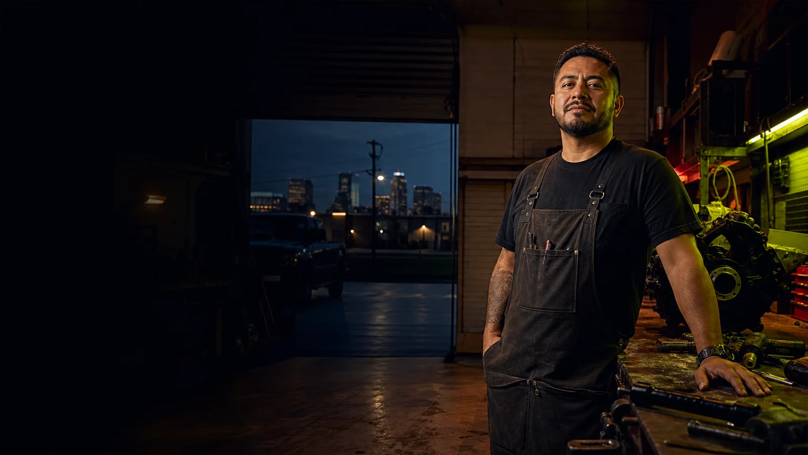 Independent Fort Worth mechanic photographed in his workshop