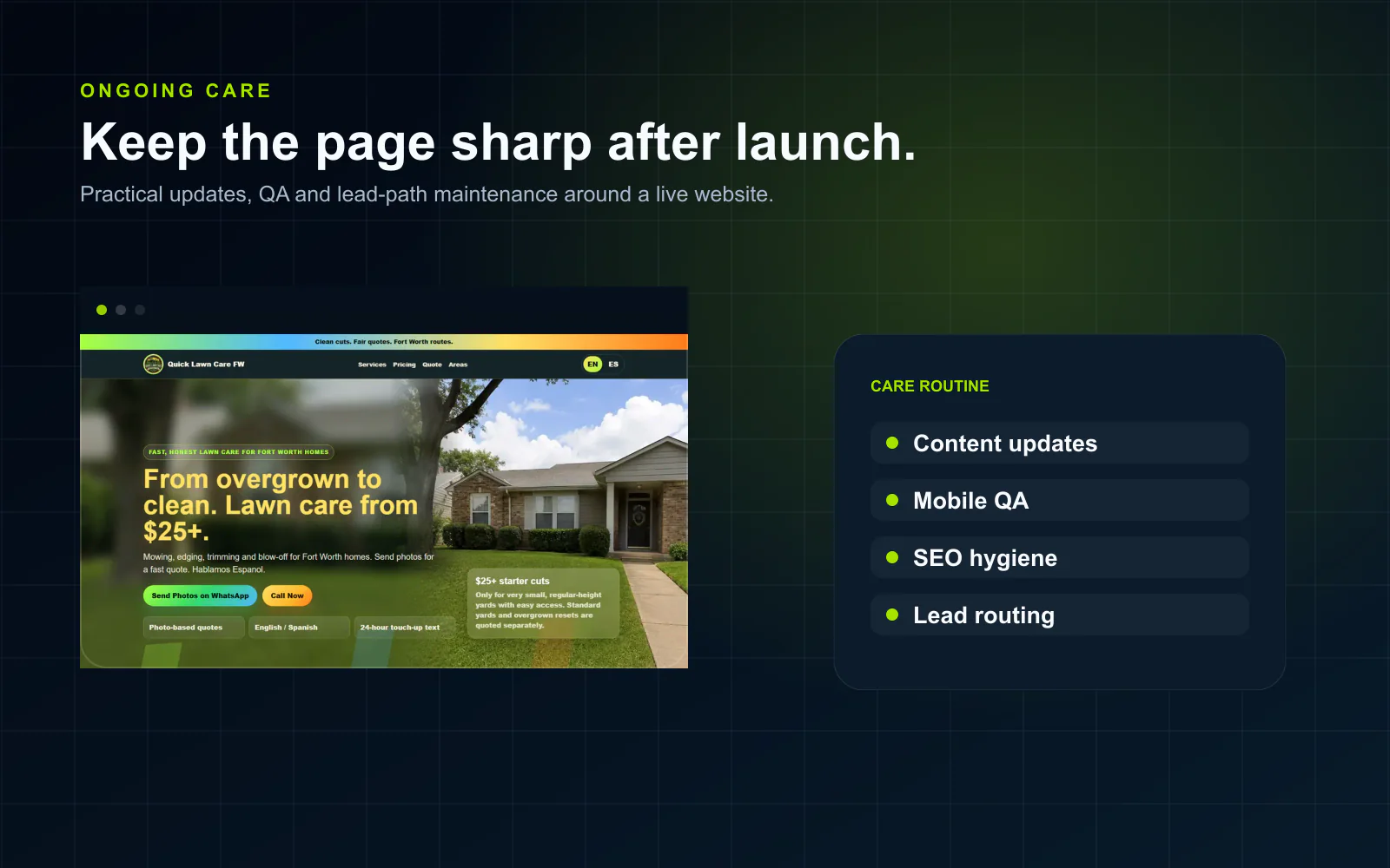 Website care plan showing content updates, mobile quality checks, SEO hygiene and lead routing